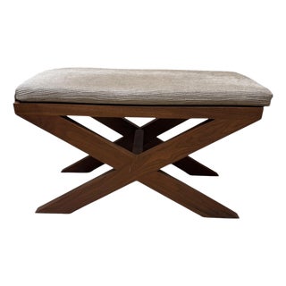 Upholstered Custom Teak X-Form Bench For Sale