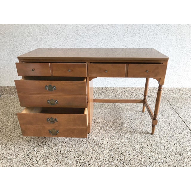 Vintage Ethan Allen Wood Writing Desk With Side Drawers and Turned Wood