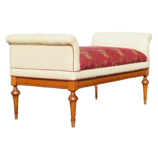 Handsome vintage upholstered bench in the Louis XVI style. Padded and scrolled arms in a creamy white linen with a single...