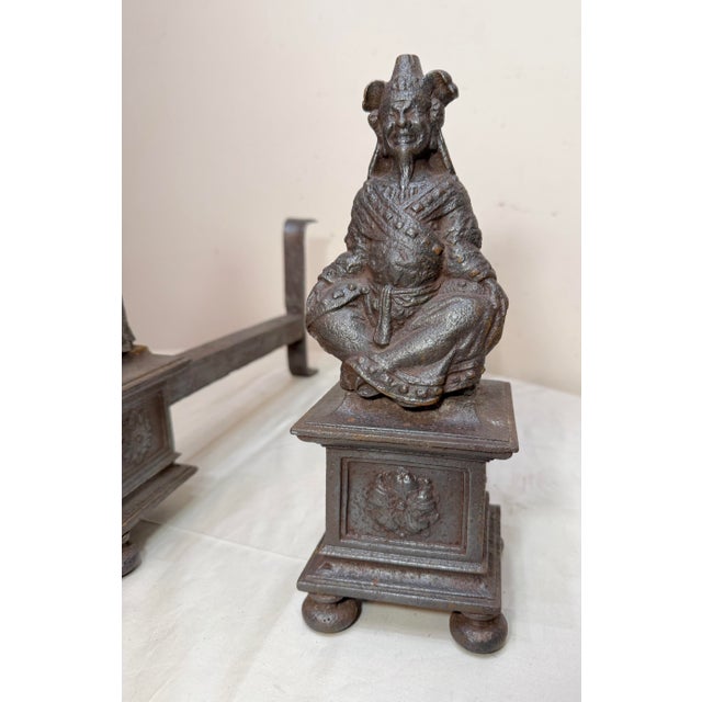 Antique Pair 19th Century Chinese Emperor & Empress Cast Iron Fireplace Andirons For Sale In New York - Image 6 of 16