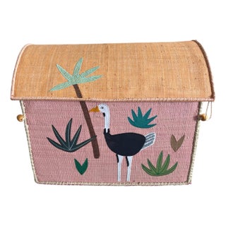 Whimsical Hand-Painted Woven Straw Toy Trunk For Sale