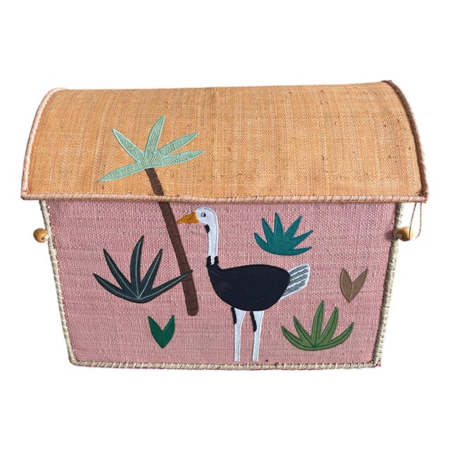 Whimsical Hand-Painted Woven Straw Toy Trunk For Sale