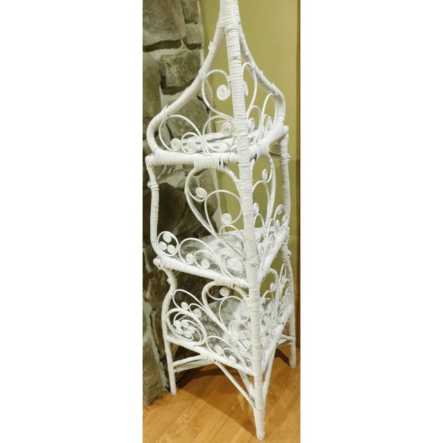 Vintage 1960s White Wicker & Rattan Corner Étagère – Ornate Heart + Scroll Motif, 3-Tier, 60" H For Sale - Image 12 of 18