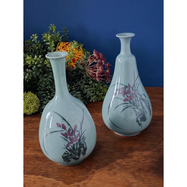 Vintage Asian Hand Painted Celadon Vases For Sale - Image 4 of 13
