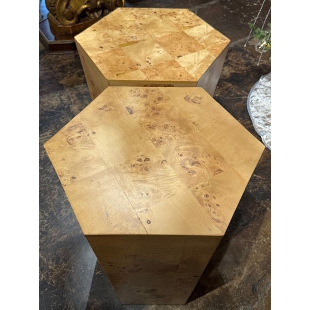 Pair of Italian MCM Burl Elm Hex Tables For Sale - Image 4 of 6