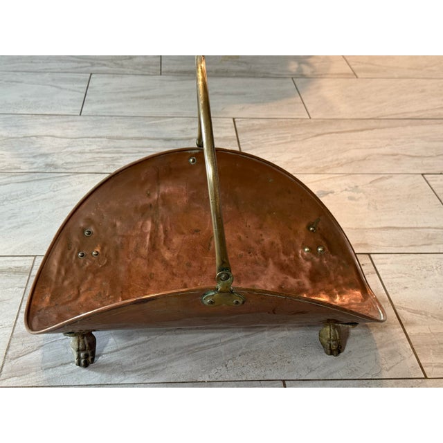 Vintage Copper and Brass Firewood or Magazines Holder Measures 14 5/8”Width X 21 1/4”Long 17” High Footed For Sale - Image 12 of 12