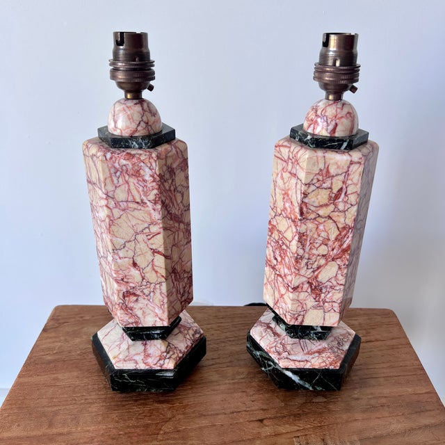 Mid-Century Modern Italian Marble Table Lamps with Bespoke Shades, 1950s, Set of 2 For Sale - Image 6 of 11