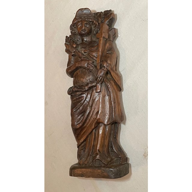 Religious Antique 18th Century Hand Carved Wood Mary Jesus Santos Saint Sculpture Statue For Sale - Image 3 of 14