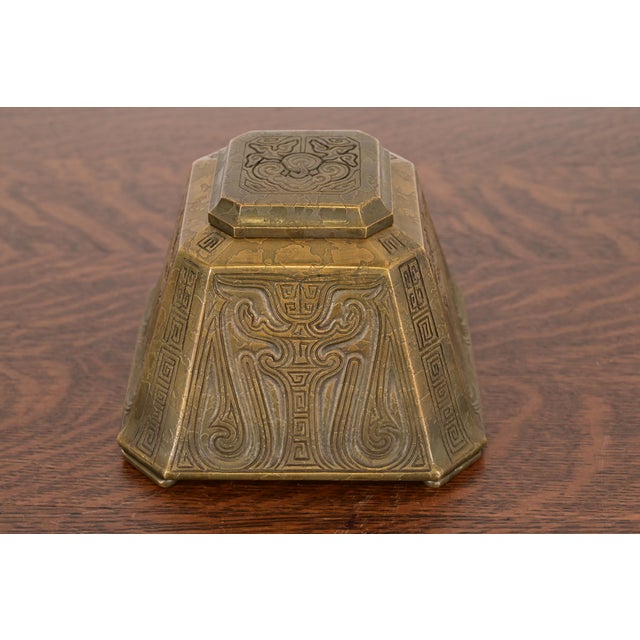Art Deco Tiffany Studios New York Chinese Pattern Bronze Large Inkwell For Sale - Image 3 of 14