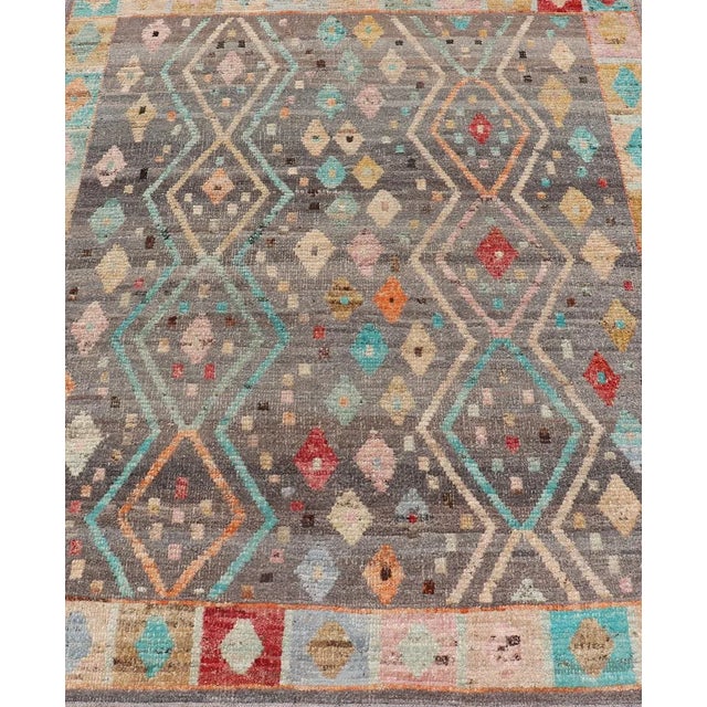Tribal Mid 20th Century Modern Diamonds and Tribal Design Rug in Gray Background and Vivid Colors For Sale - Image 3 of 12