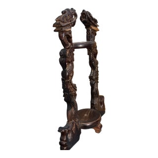 Antique Carved Wood Scabbard Footed Sword Holder With Dragon Beasts, Antique Carved Dragons Wood Pocket Watch Holder For Sale