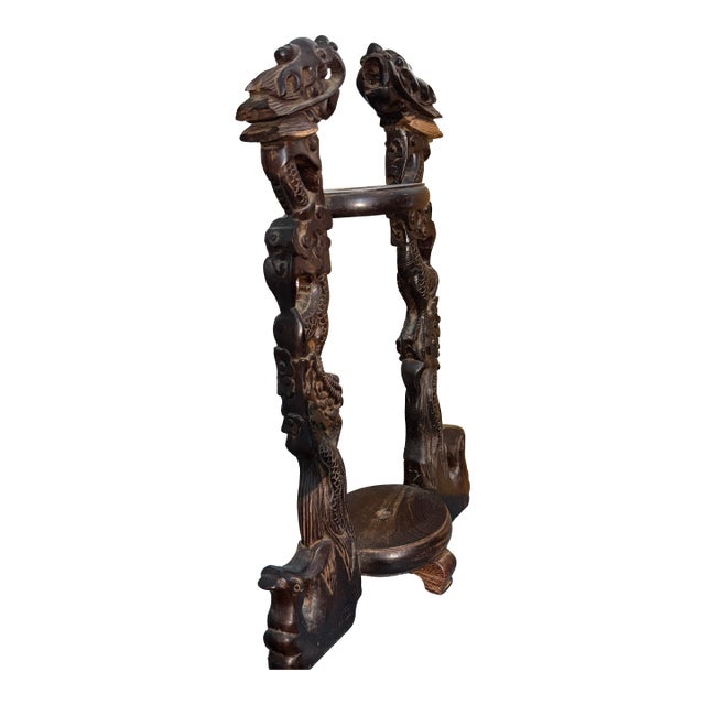 Antique Carved Wood Scabbard Footed Sword Holder With Dragon Beasts, Antique Carved Dragons Wood Pocket Watch Holder For Sale