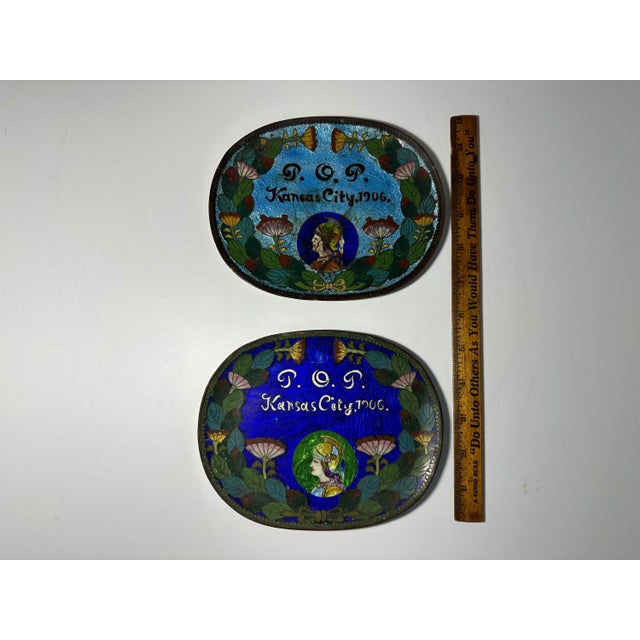 Blue Antique Cloisonne Souvenir Trays: Priests of Pallas, Kansas City 1906 For Sale - Image 8 of 9