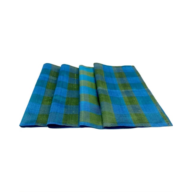 Mid 20th Century Vintage Set 4 Blue Green Silk Gingham Plaid Cocktail Napkins Barware For Sale - Image 5 of 13