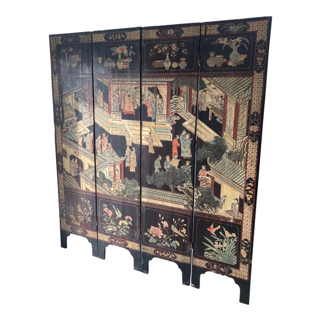 18th Century Coromandel 4 Panel Folding Screen2 Sided Chinoiserie For Sale