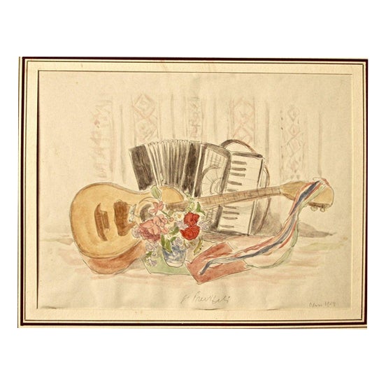 Giuseppe Previtali, Musical Instruments with Flowers, Mixed Media on Paper, 1923 For Sale
