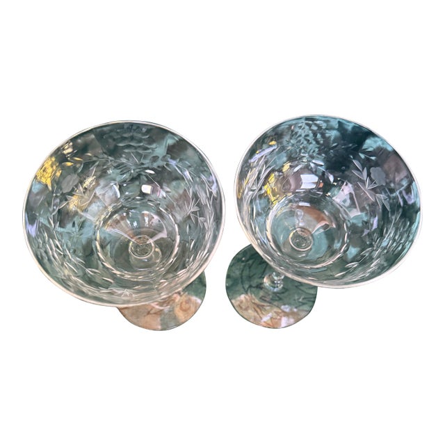 1930s Elegant Stem Etched Crystal Glass - 2pc For Sale