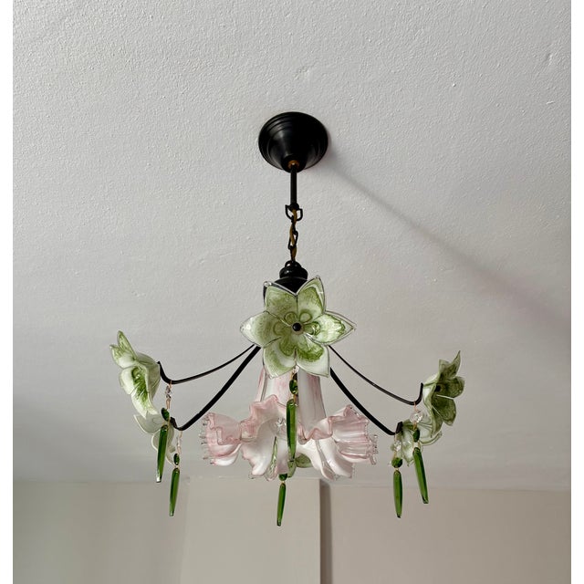 Vintage Murano Style Chandelier – Rare Pink & Green Art Glass For Sale - Image 13 of 13