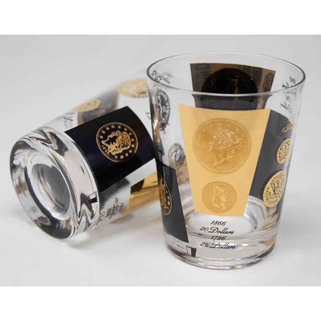 Mid-Century Modern Set of 2 Double Old Fashioned Gold and Black Coin Barware Glasses by Cera 1960s For Sale - Image 3 of 12
