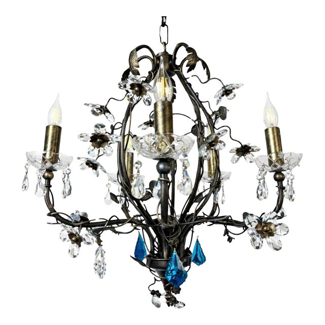 Large Vintage 1990s Wrought Iron Floral Chandelier With Crystal Flowers & Aqua Blue Stones Details For Sale