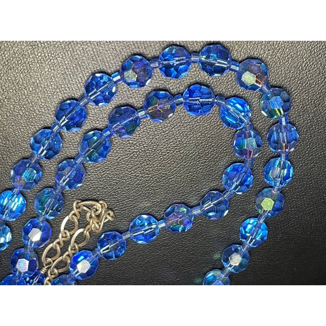 1950s MCM Jewelry in Swarovski Styled Leaded Crystal Cornflower Blue Necklace With Aurora Borealis Peacock Iridescence Sterling Silver Clasp For Sale - Image 5 of 9