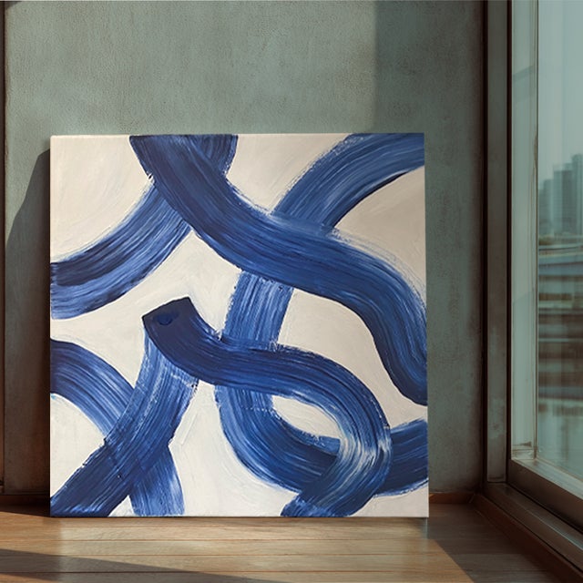 Contemporary Abstract Blue Movement Painting on Canvas, Original Acrylic Art 20x20, Modern Minimalist Wall Art by Tatiana Duperault For Sale - Image 3 of 6