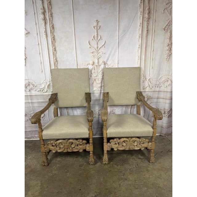 A truly regal pair commanding presence, prestige, and Old World nobility, these Spanish Baroque throne armchairs are...