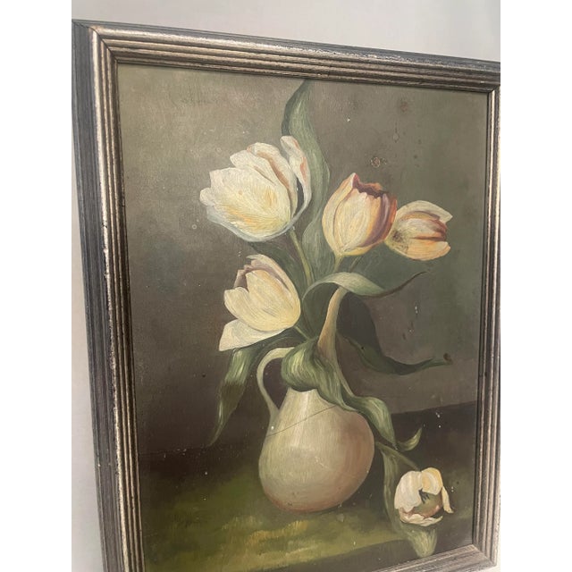 Antique Dutch Renaissance Floral Still Life Original Framed Oil Painting on Tin in Silver, White, Blush For Sale - Image 12 of 12