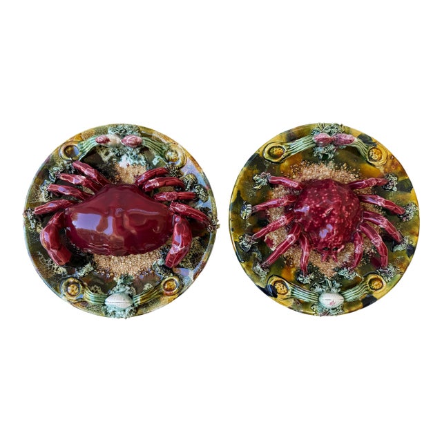 Pair of French Palissy Majolica Crab Plates For Sale