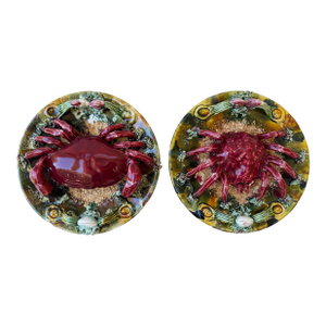 Pair of French Palissy Majolica Crab Plates