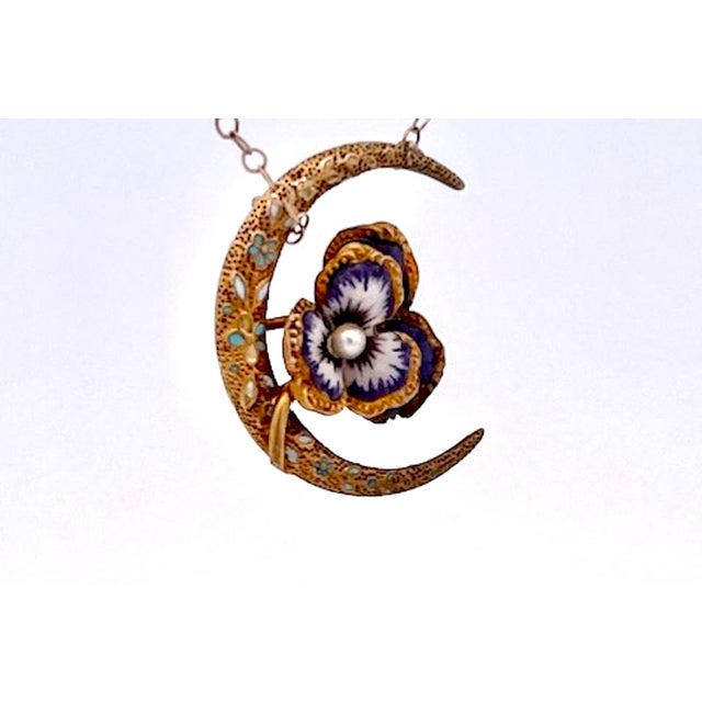 Baby Blue Art Nouveau Antique Pansy Pendant Necklace With Crescent Moon Design For Sale - Image 8 of 10