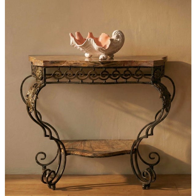 Chestnut 1980s Louis XVI Style Cast Metal Console Table With Breccia Marble Top For Sale - Image 8 of 9