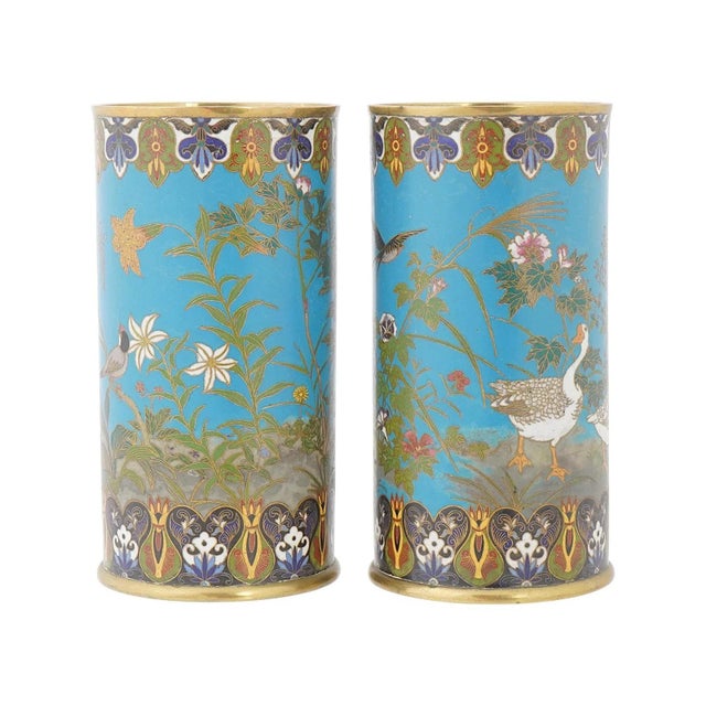 Paint Pair of Japanese Cloisonne Enamel Ducks Birds and Floral Turquoise Grounds Vases For Sale - Image 7 of 9