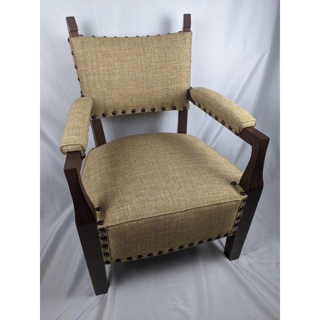 Mid-Century Mission Arts & Crafts Wood Upholstered Armchair With Nailhead Trim For Sale - Image 15 of 17