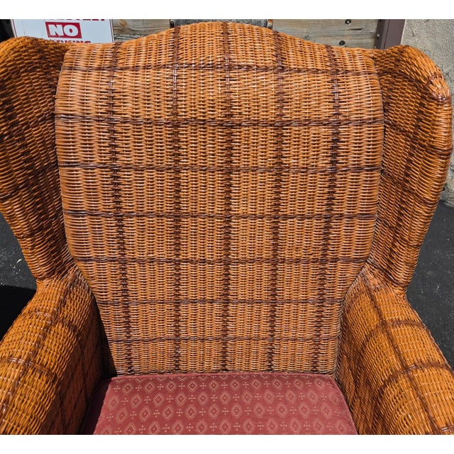 Late 20th Century Pair of Palecek Woven Rattan Wingback Lounge Chairs With Rolled Arms For Sale - Image 10 of 15