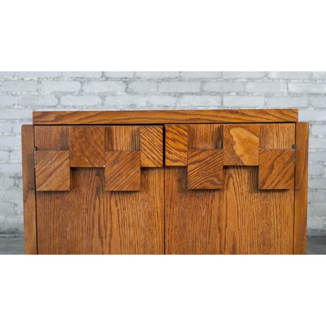 Lane  brutalist 1970s Lane Furniture "Staccato" Oak Brutalist Nightstand Cabinet For Sale - Image 4 of 12