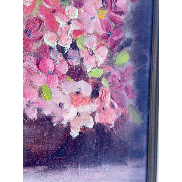 Original Vintage Floral Oil Painting, Impasto Pink Blossoms Still Life, Gilt Frame, Mid Century Art For Sale - Image 9 of 11