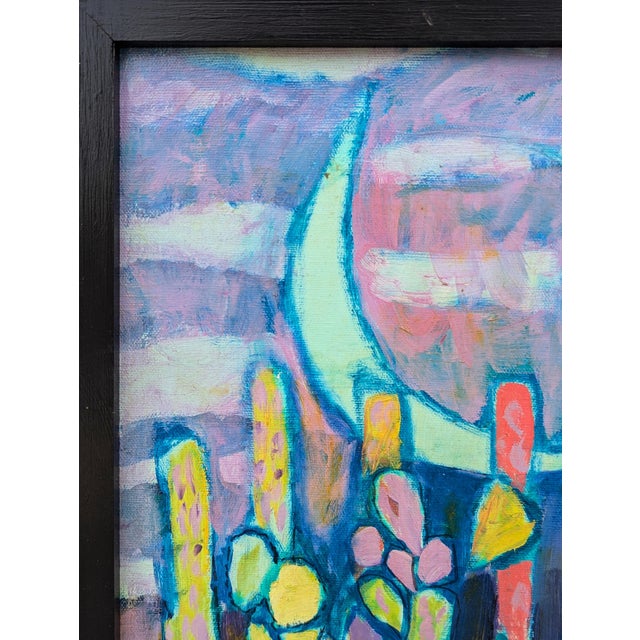 David Adickes "Crescent and Cactus" Modern Abstract Colorful Desert Night Landscape Painting, 1980's For Sale - Image 4 of 10