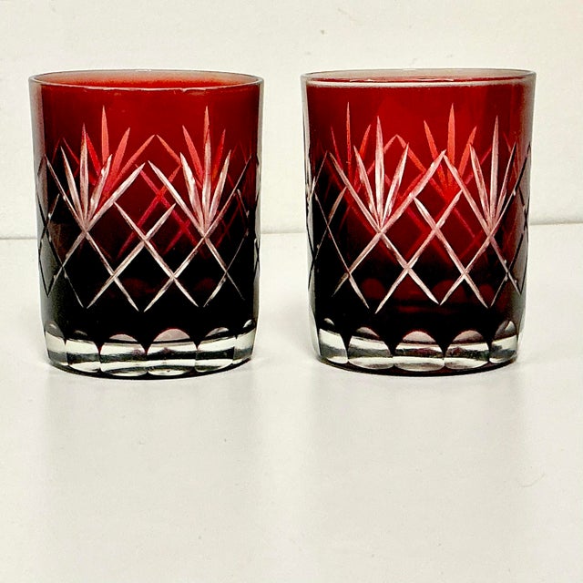 Glass Mid 20th Century Boho Chic Czechoslovakian Clear Cut to Ruby Etched Crystal Lowballs - Set of 6 For Sale - Image 7 of 10