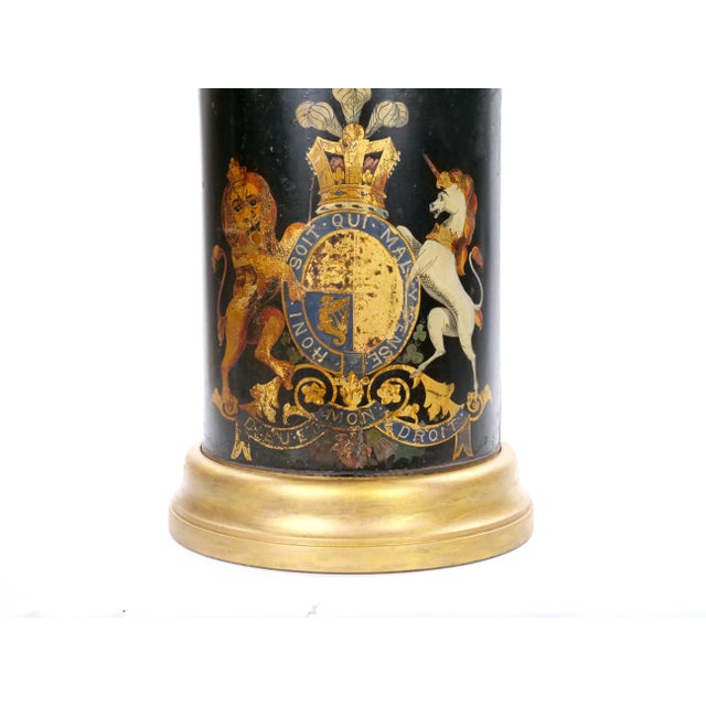 Wood Pair of English Late 19th-Century Black Painted Tole Canister Table Lamps For Sale - Image 7 of 14