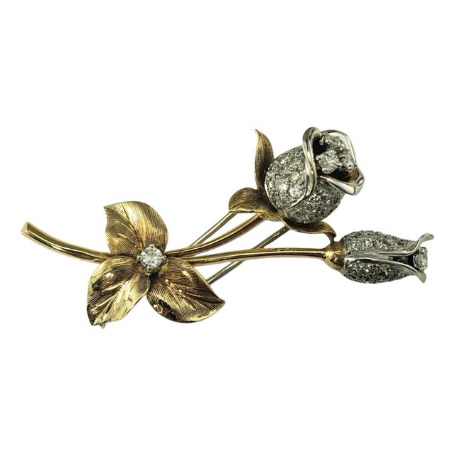 Mid 20th Century Fred Paris 18k Yellow and White Gold Diamond Rose Brooch/Pin For Sale