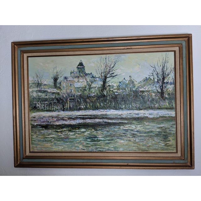 Late 20th Century Large H. Rogers Impressionist Winter Landscape Oil Painting Framed 43x31 in Style of Claude Monet For Sale - Image 12 of 14