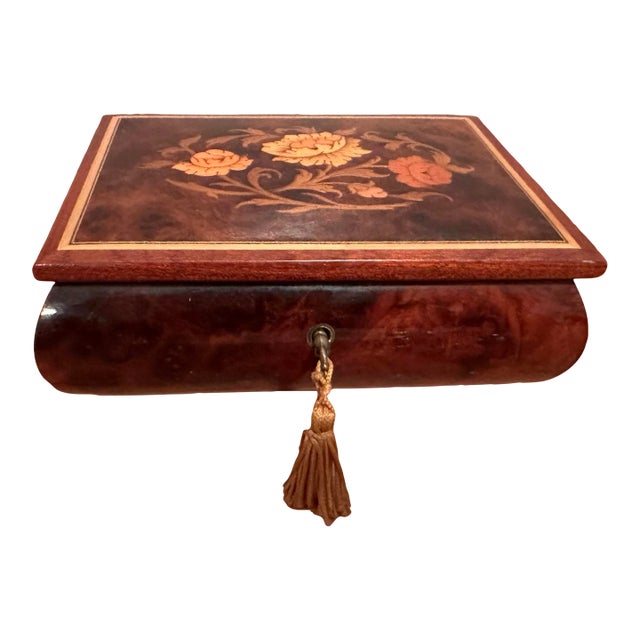 1970s Italian Wooden Music Box With Decorative Inlay Floral Design Plays "Love Story" For Sale