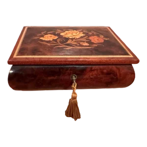 1970s Italian Wooden Music Box With Decorative Inlay Floral Design Plays "Love Story"