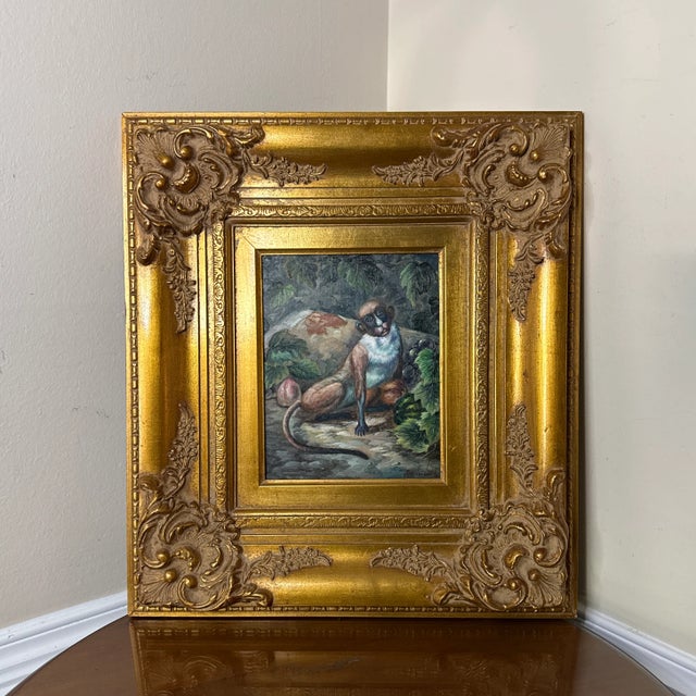 Gold 1970s Vintage Oil on Canvas Monkey Painting ~Framed For Sale - Image 8 of 11