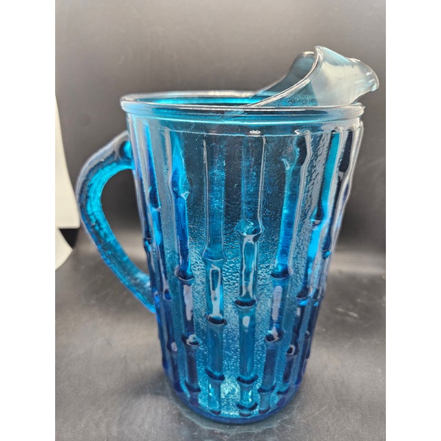 Mid-Century Modern Vintage Anchor Hocking Aquamarine Blue Tahiti Bamboo Glass Pitcher For Sale - Image 3 of 3