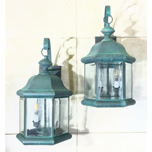 Pair of Solid Brass Outdoor Wall Lantern Sconces – Vintage Aged Verdigris For Sale - Image 11 of 15