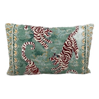 Teal Bengal Tiger Embroidered Lumbar Pillow For Sale