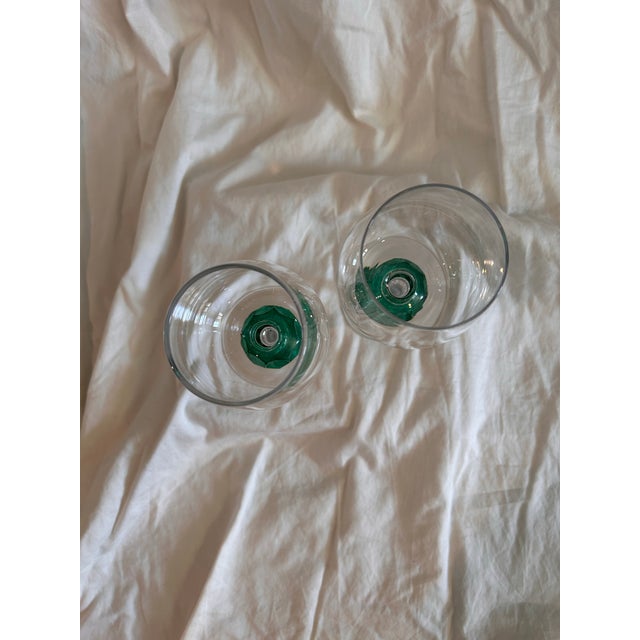 A pair of vintage Gorham Crystal gemstone wine glasses in a hard to find emerald colorway. Pristine condition.