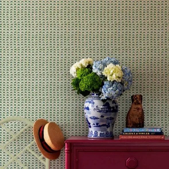A sample of our Old Jaipur Meadow Green Wallpaper Care Instructions: Wipe with damp cloth.